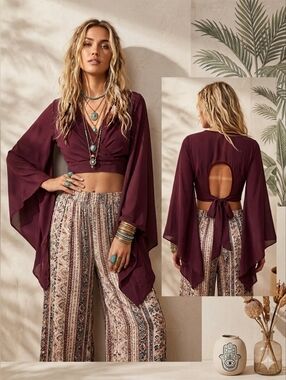 New Rag Therapy Burgundy Wrap Crop Top Open Back Tie Bell Sleeve USA Semi Sheer